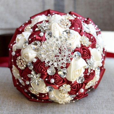 DIY Bridesmaid Holding Flowers Stunning Maroon and Ivory Silk Satin Wedding Bouquets with Rhinestone Brooch