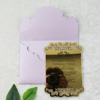 Laser Cut Gold Mirror Acrylic Wedding Invitations with Personalize Design Pocket Envelope