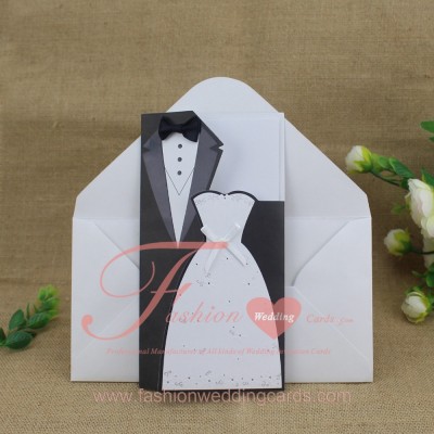 2020 Wholesale Elegant White and Black Bride and Groom  Design Wedding Invitation Card Pocket for Thank You Card